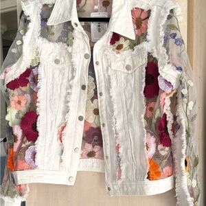 Adore White Floral Embroidered Jean Jacket - Size L